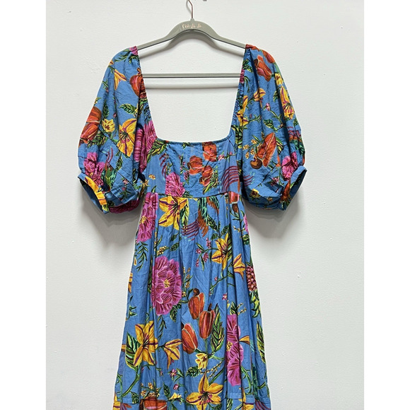 FARM RIO Toucans Garden Midi Dress In Blue Size XS Puff Sleeve Multicolor NEW - Picture 3 of 14